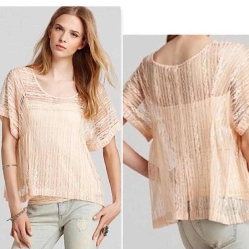 Free People Sheer Lace Boho Blouse Peach Boxy Top Large Romantic Festival - Picture 3 of 13